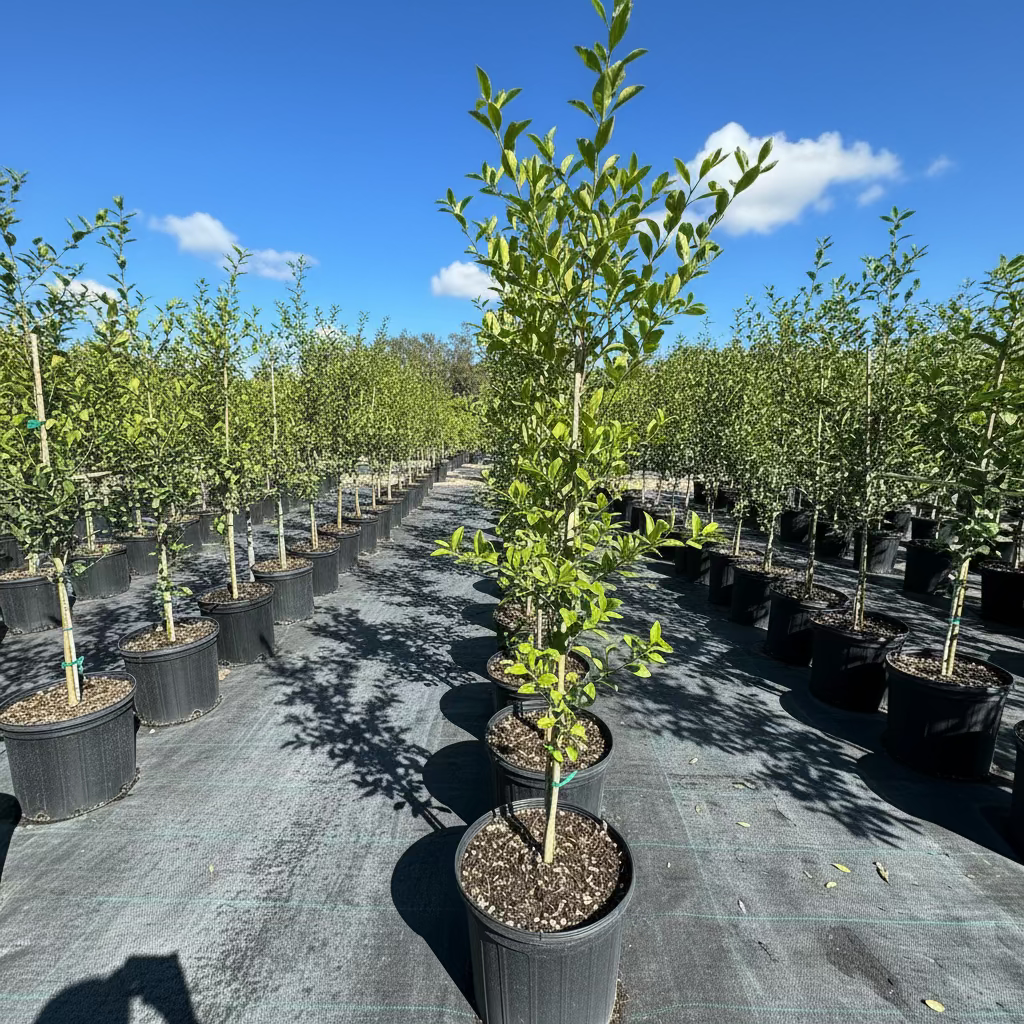 A view of a young potted Southern Live Oak (Quercus virginiana) tree with lush green foliage, growing in a black nursery pot