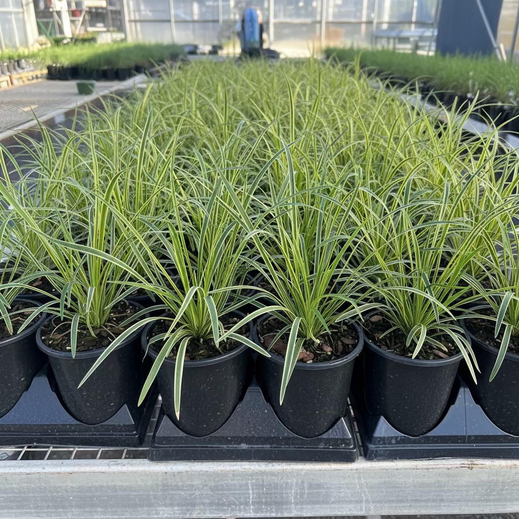 multiple Liriope Muscari Variegated, Monkey Grass pots outside view