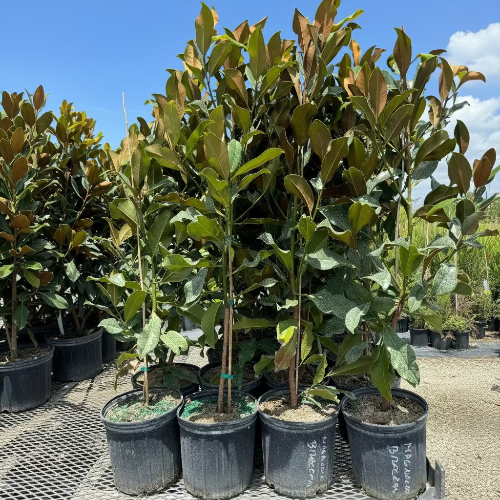 A group of young Podocarpus Gracilior (Weeping Fern Pine) trees featuring soft, dense, lush green foliage, growing in black nursery pots in an outdoor nursery setting