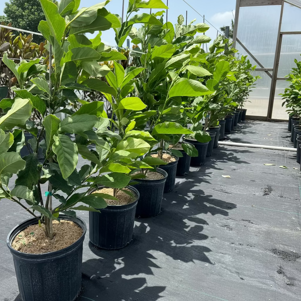 A close-up view of young potted Magnolia Jane Pink-Purple Flowering Trees featuring lush, bright green leaves, growing in black nursery pots
