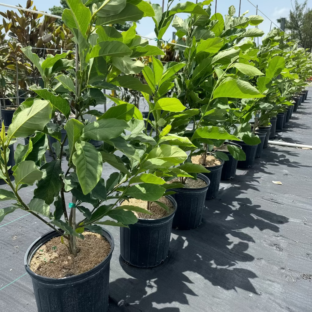 Young potted Magnolia Jane Pink-Purple Flowering Trees featuring lush, bright green leaves, supported by stakes