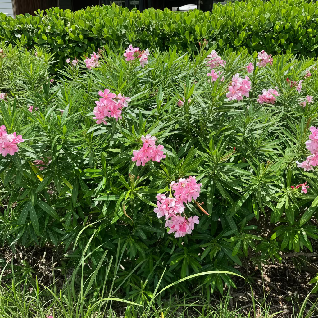 A close-up image of the Oleander Calypso Pink Flowering Tree, showcasing its pink flower clusters and green foliage.