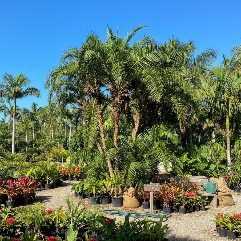 Phoenix Reclinata Single, Roebelinii Date Palm Hybrid Palm trees with a clear blue sky in the background
