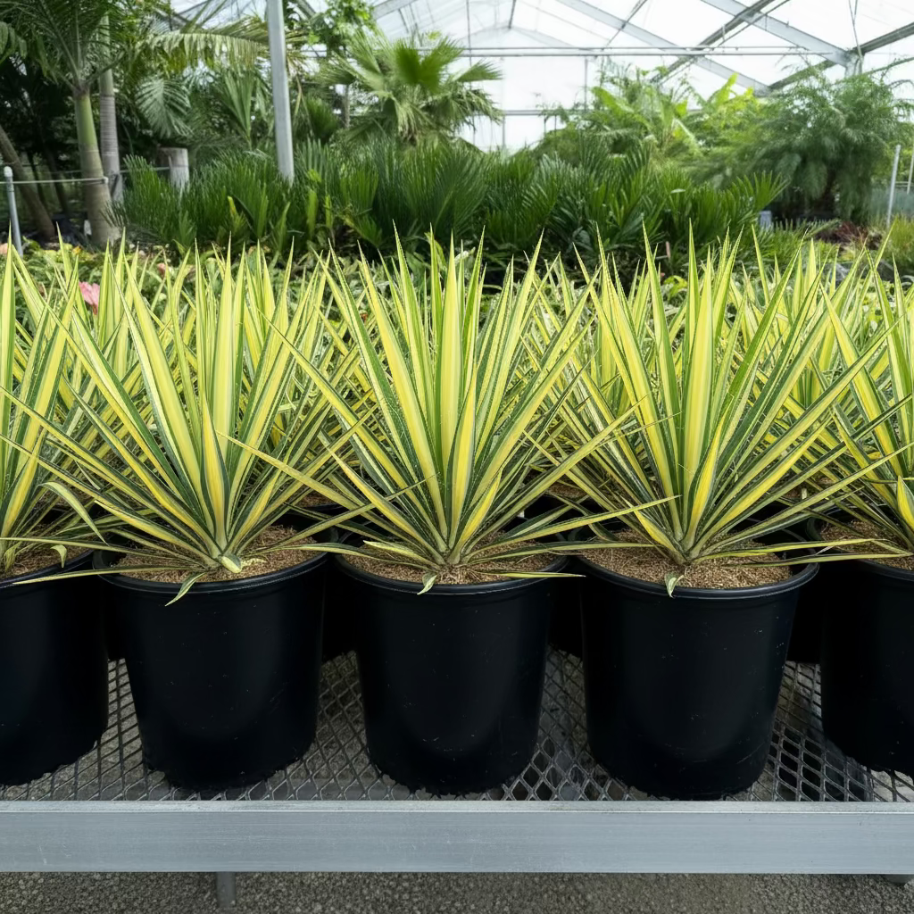 A row of young potted Yucca filamentosa plants featuring striking sword-shaped leaves with green centers and bright yellow margins, growing in black nursery pots
