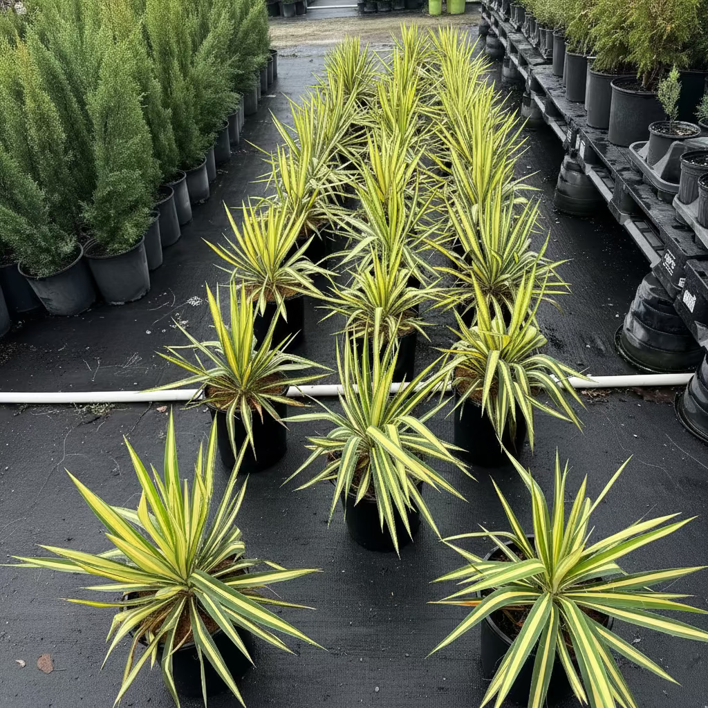 A group of young potted Yucca filamentosa plants with striking sword-shaped leaves featuring bright yellow centers and green margins, growing in black nursery pots