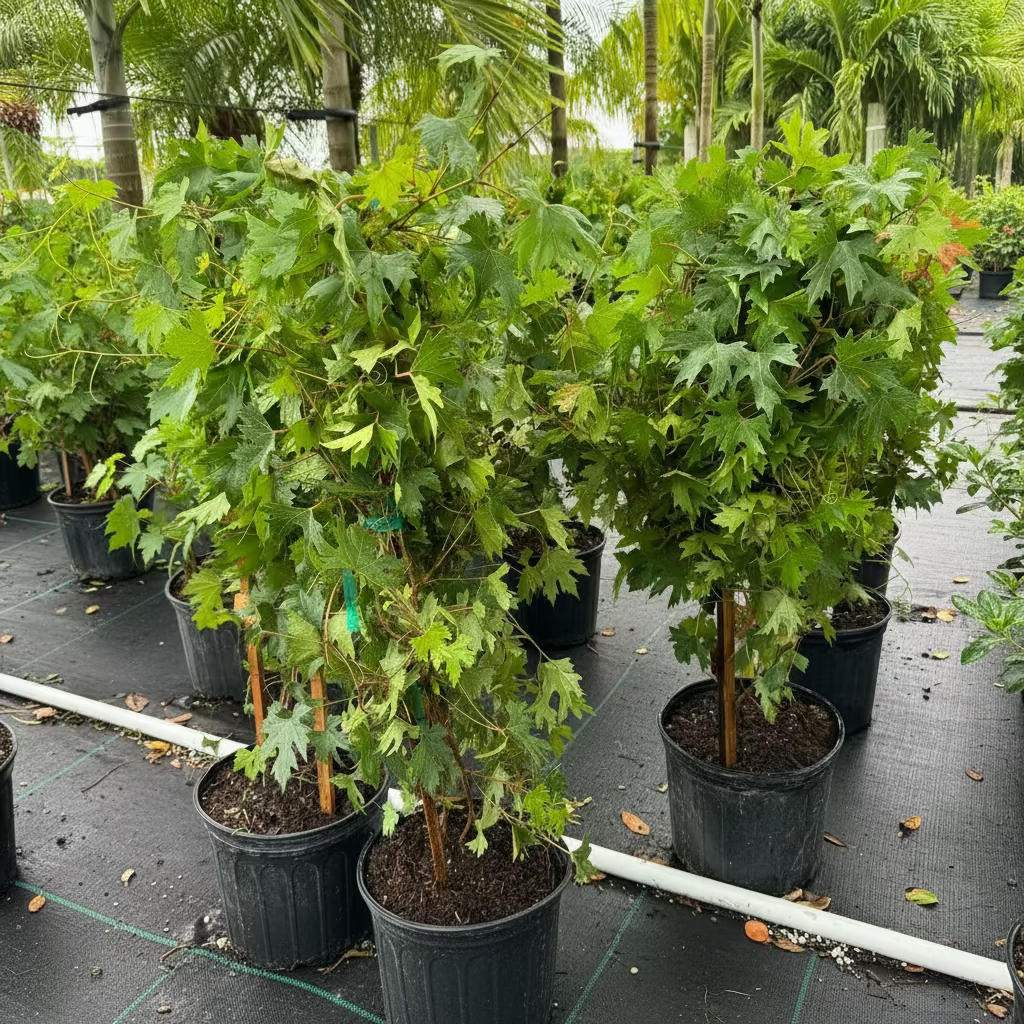 A lush, young Muscadine Southern Home grape vine featuring vibrant green leaves, growing in a black nursery pot in an outdoor setting