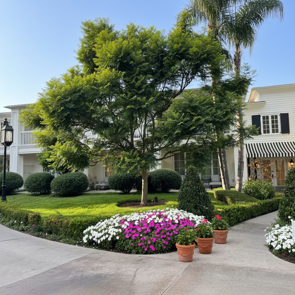 Mature Jacaranda Mimosifolia Tree featuring a full canopy of feathery green foliage, planted in a beautifully landscaped outdoor setting next to a white building, bordered by a manicured green hedge and a paved walkway, showcasing its potential as an elegant shade tree and ornamental garden focal point.