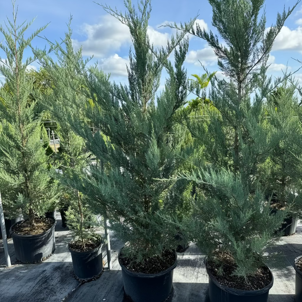 A row of young evergreen trees with lush, blue-green foliage growing in large black plastic nursery pots
