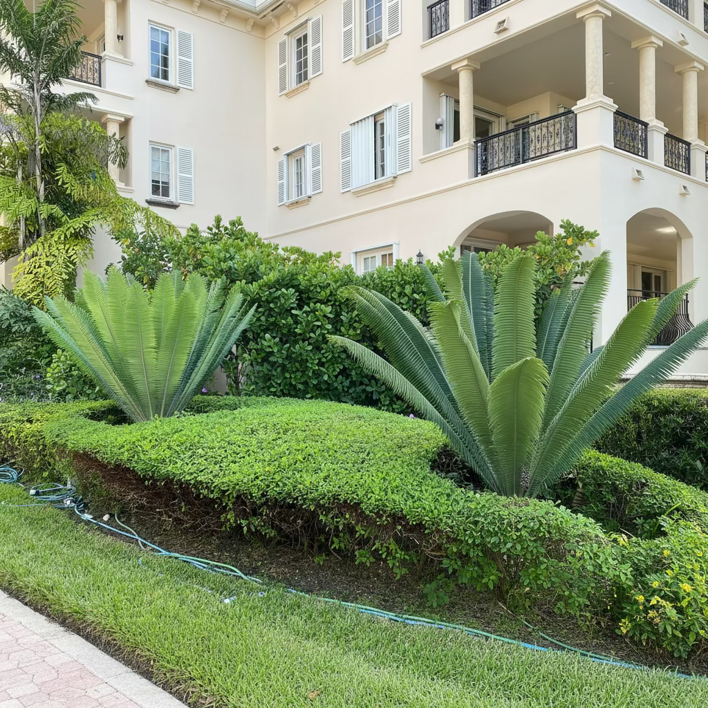 Mature Dioon Spinulosum, Mexican Cycad, Gum Exotic Palm with large feathery arching green fronds, showing full grown landscape appearance ideal for formal landscape vertical accents and tropical gardens.