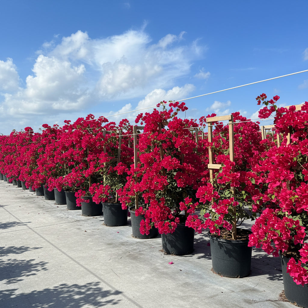Bougainvillea Red Flower Bush Form, Barbara Karst Flowering Tree in 7 gallon nursery pot with bright red blooms trained on wooden stakes in an outdoor nursery row, ideal for tropical garden landscapes and vibrant property borders.