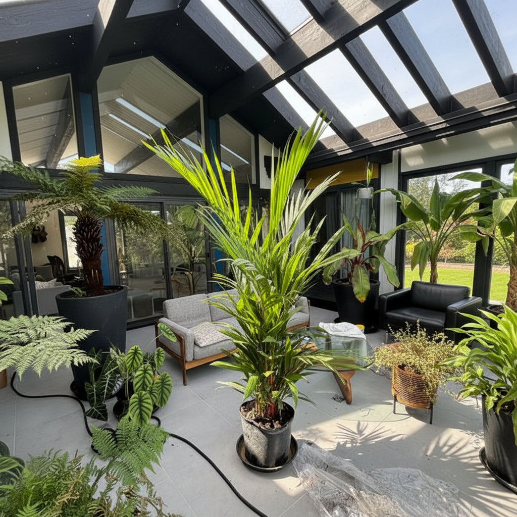 Lipstick Palm Red Sealing Wax Palm, Cyrtostachys Renda in a black grower pot with lush green upright fronds, ideal for bringing a lush tropical feel to sunlit rooms or patios.