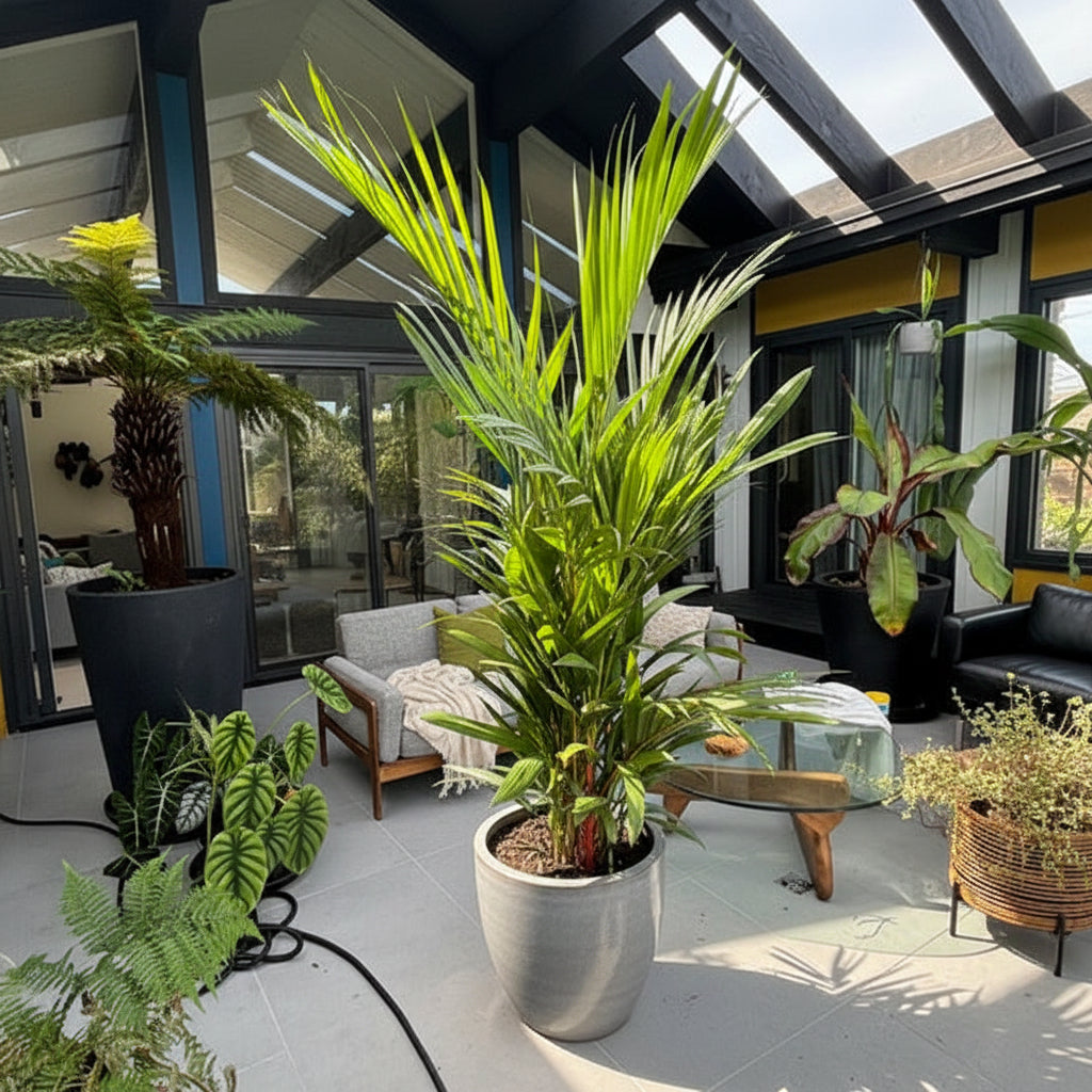 Lipstick Palm Red Sealing Wax Palm, Cyrtostachys Renda in a black grower pot with lush green upright fronds and visible red crown shafts, ideal for bringing a lush tropical feel to sunlit rooms or patios.