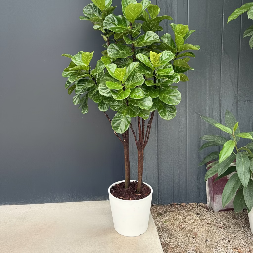 Ficus Lyrata Tree Form featuring multiple slender trunks and a lush canopy of large, glossy green violin-shaped leaves, potted in a white cylindrical planter