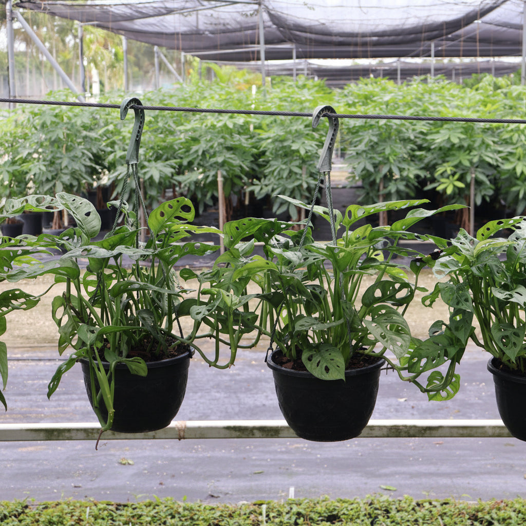 Three Monstera Adansonii, Swiss Cheese Vine, plants in green hanging baskets
