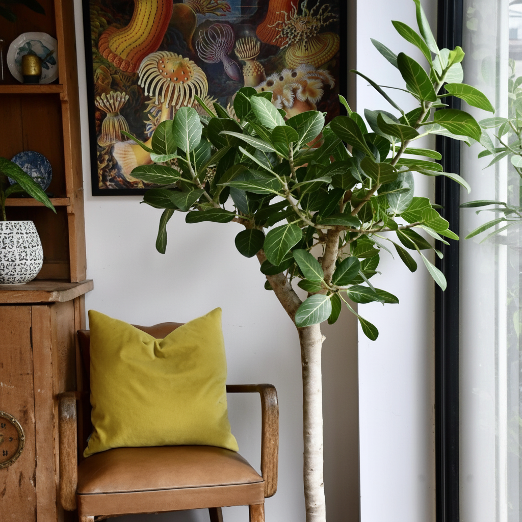 Mature Ficus Banyan Tree Form Single Stem, Ficus Benghalensisis, prominently featuring a clear single trunk and a lush canopy of broad green leaves