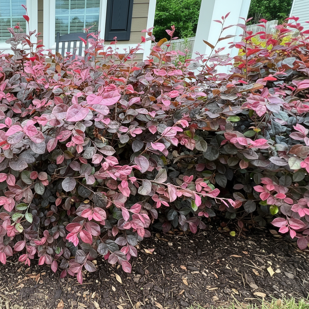 A dense loropetalum shrub with reddish-pink and dark purple leaves growing outdoors in front of a white house, with dry pine straw mulch at the base.