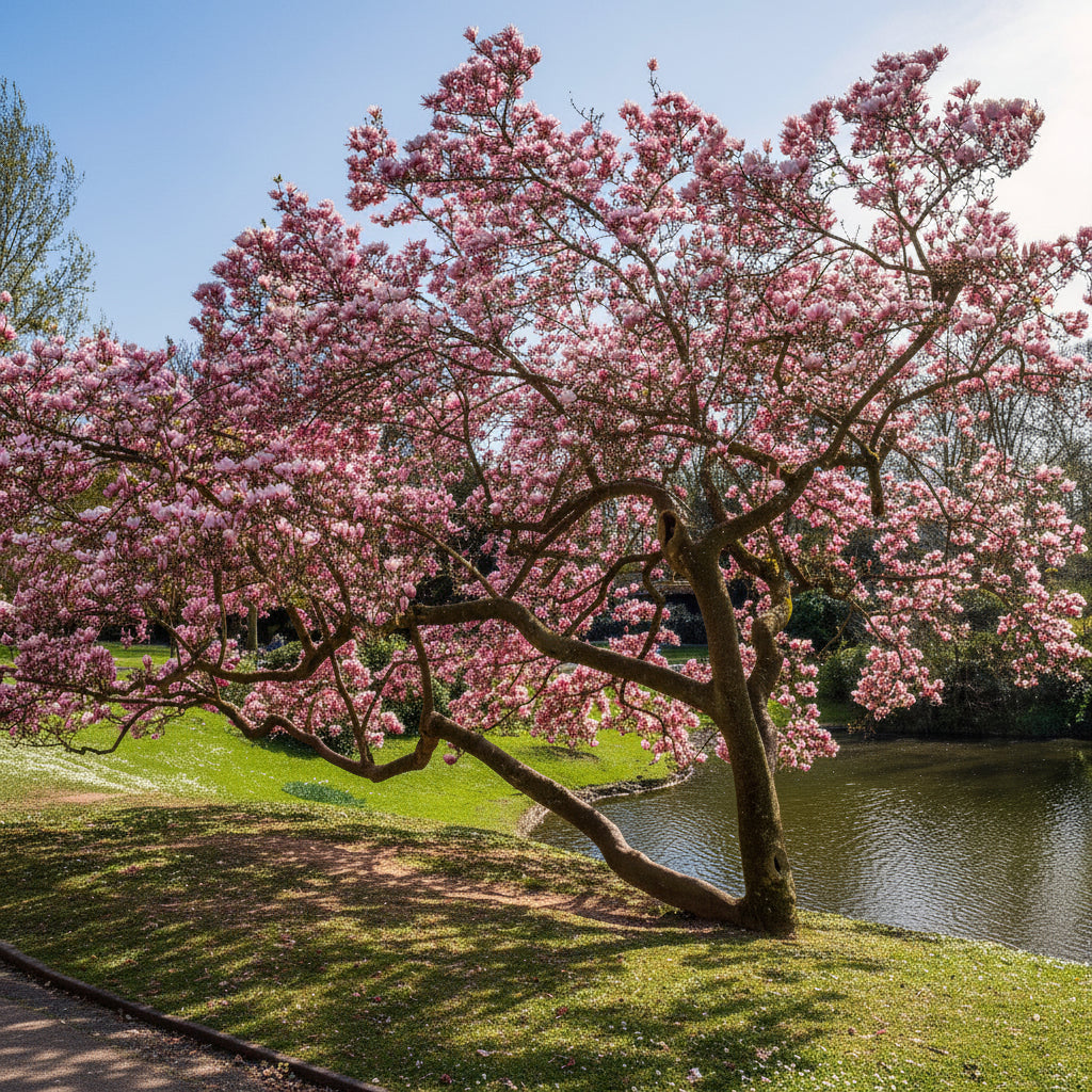 A large, mature Magnolia tree in full bloom with sprawling branches covered in vibrant pinkish-purple blossoms, growing on a grassy bank next to a calm pond on a bright, sunny day