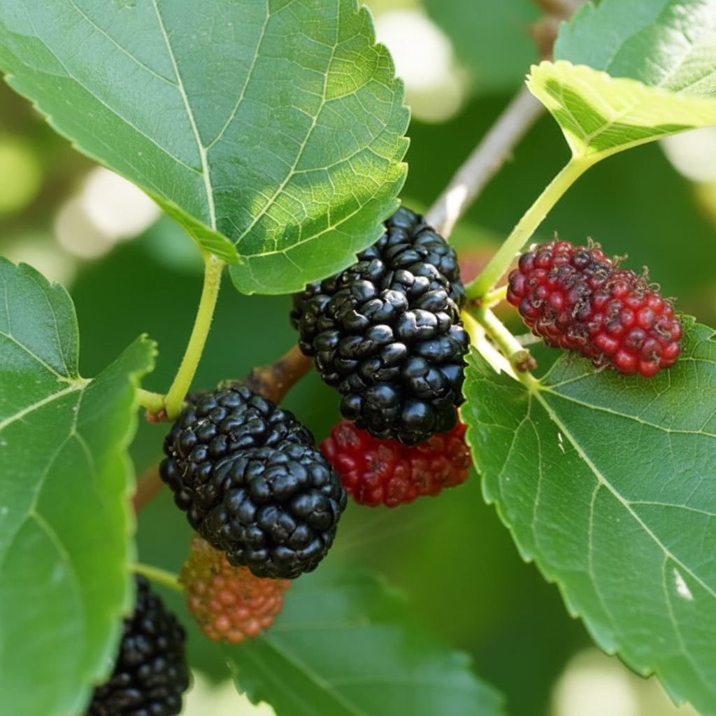 Black Mulberry, Dwarf Everbearing Morus Nigra close up of the barries