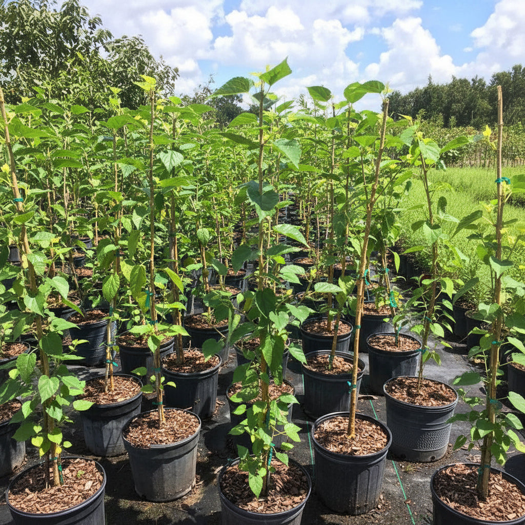 Black Mulberry, Dwarf Everbearing Morus Nigra in 5gal pot in rows