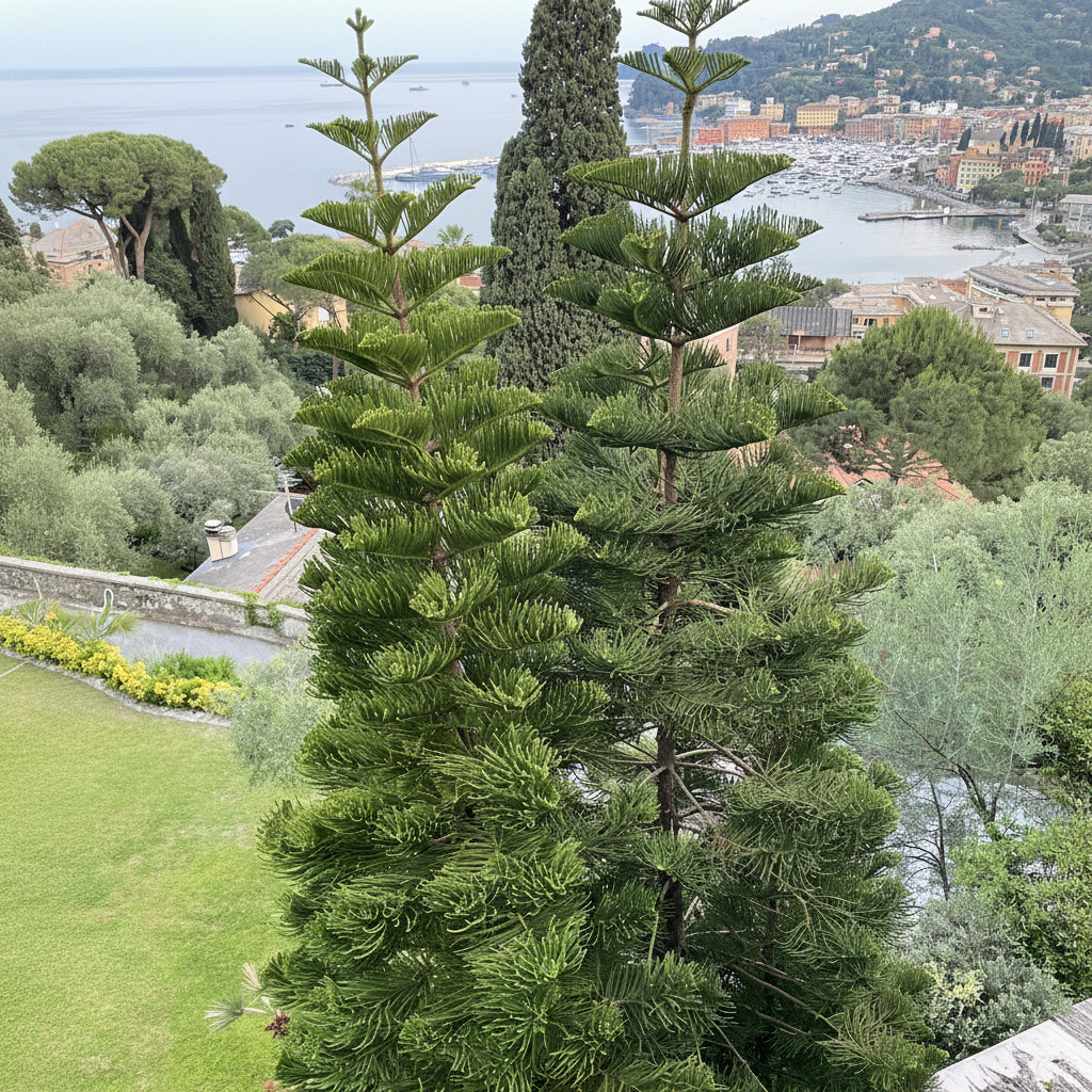 Norfolk Island pine plant mature tree planted in the side of a hill