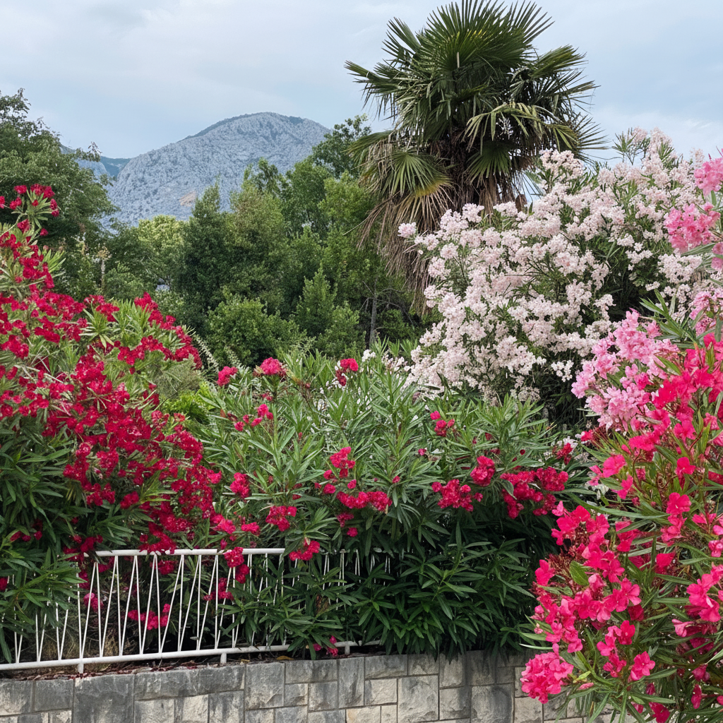 A close-up image of the Oleander Calypso Pink Flowering Tree, showcasing its pink flower clusters and green foliage.