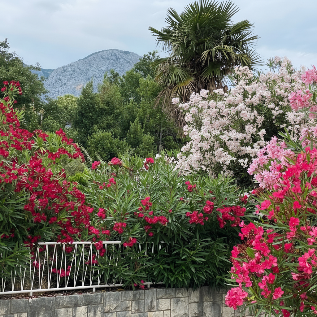 A close-up image of the Oleander Calypso Pink Flowering Tree, showcasing its pink flower clusters and green foliage.
