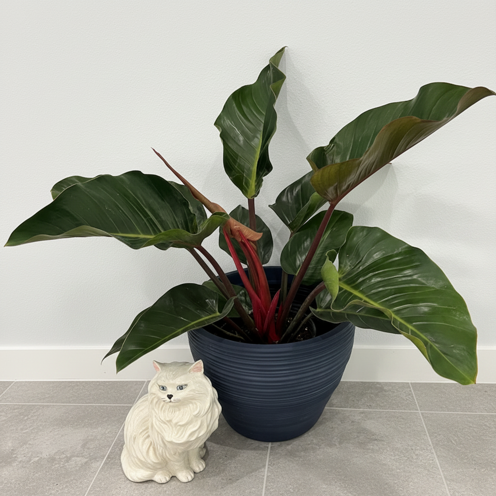 Philodendron Red Congo, Tropical Forest Plant in a dark blue textured pot with striking dark green leaves and vibrant red stems displayed on a tiled floor