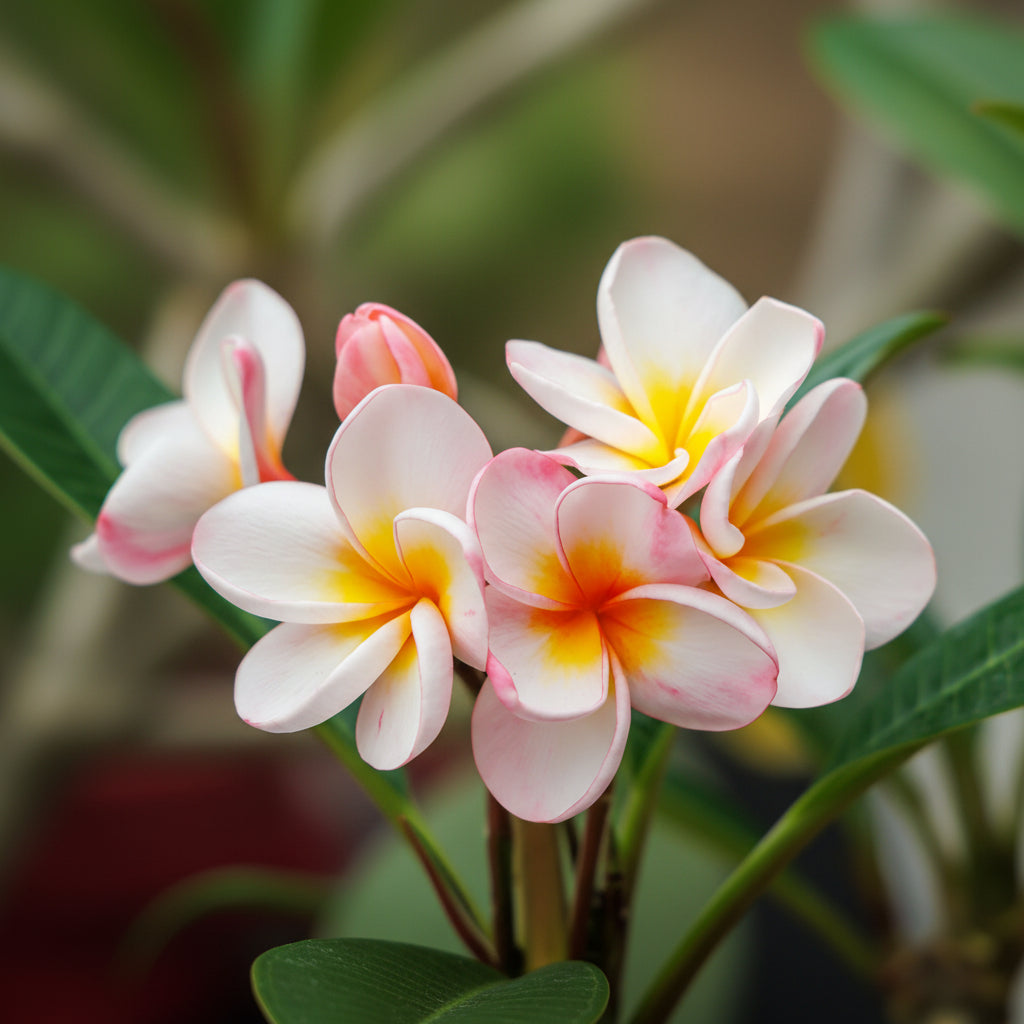 Close-up image of pink Plumeria Rubra Frangipani flowers with white borders on the petals, showcasing their orchid-like appearance.
