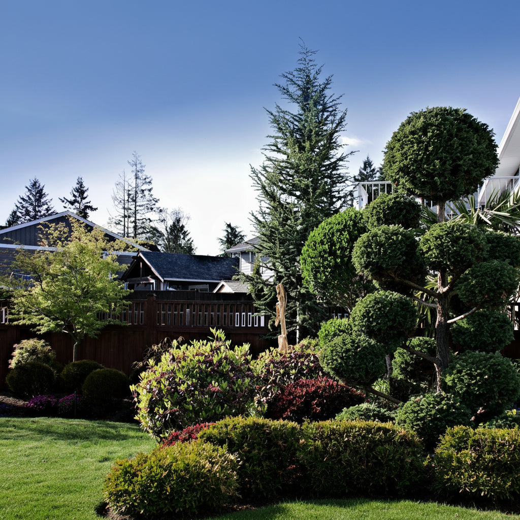 Large Mature Topiary Eugenia Pom Pom Cosmic Egg Shape planted Garden with various shaped bushes.