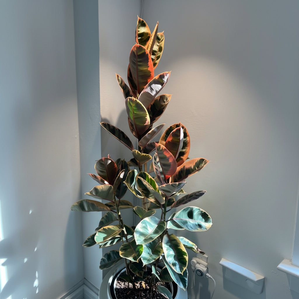 Ficus ruby single trunk tree potted plant on a patio with outdoor furniture