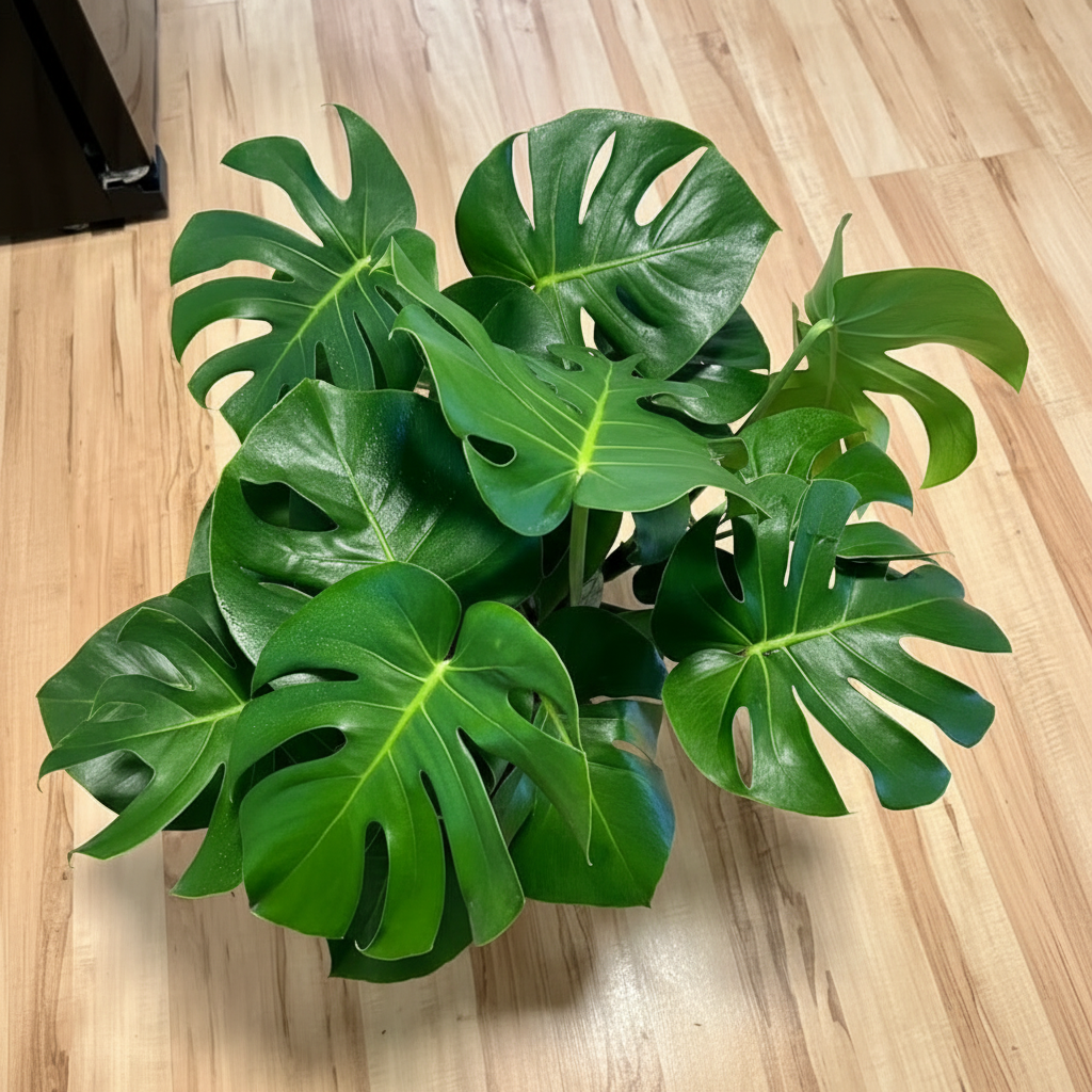 Close up of Monstera Deliciosa, Swiss Cheese leaves with large, glossy green characteristic splits displayed over a light wooden floor