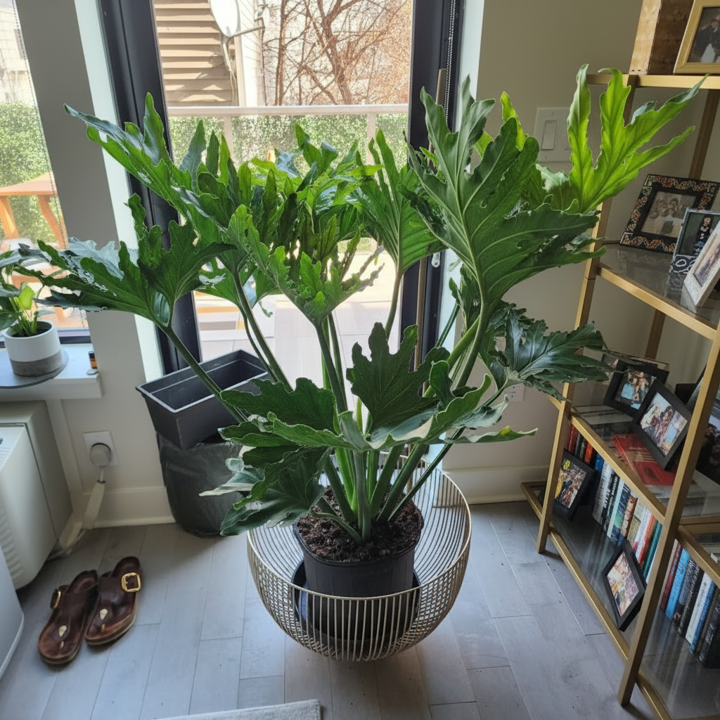 Philodendron Split Leaf Selloum in a 5 gallon grower pot with large, deeply split green leaves displayed on a wooden floor