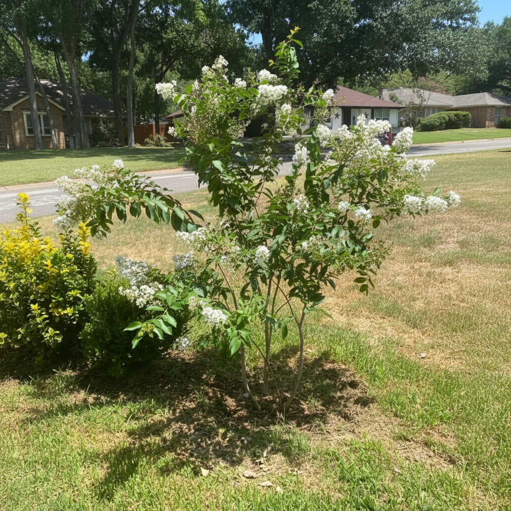 Crape Myrtle Natchez White Flower
planted in the ground in front yard