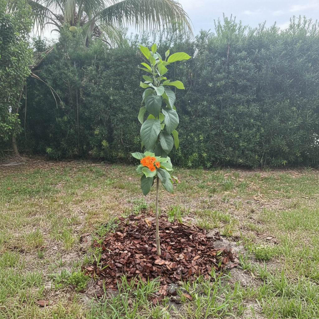 small Orange Geiger Tree, Cordia sebestena planted in Backyard