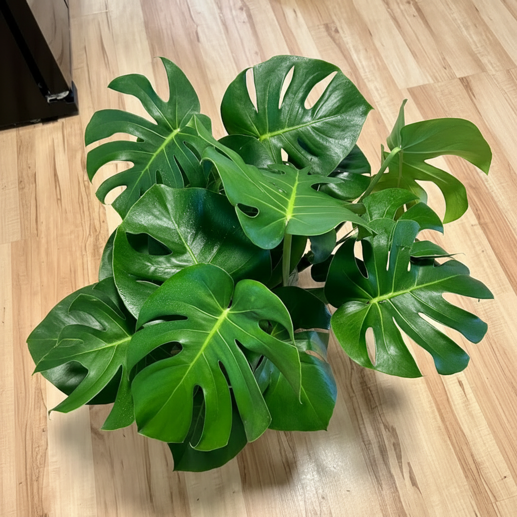 Monstera Deliciosa, Swiss Cheese in 2 gallon grower pot with large characteristic split green leaves and wide tropical foliage displayed on a wooden floor