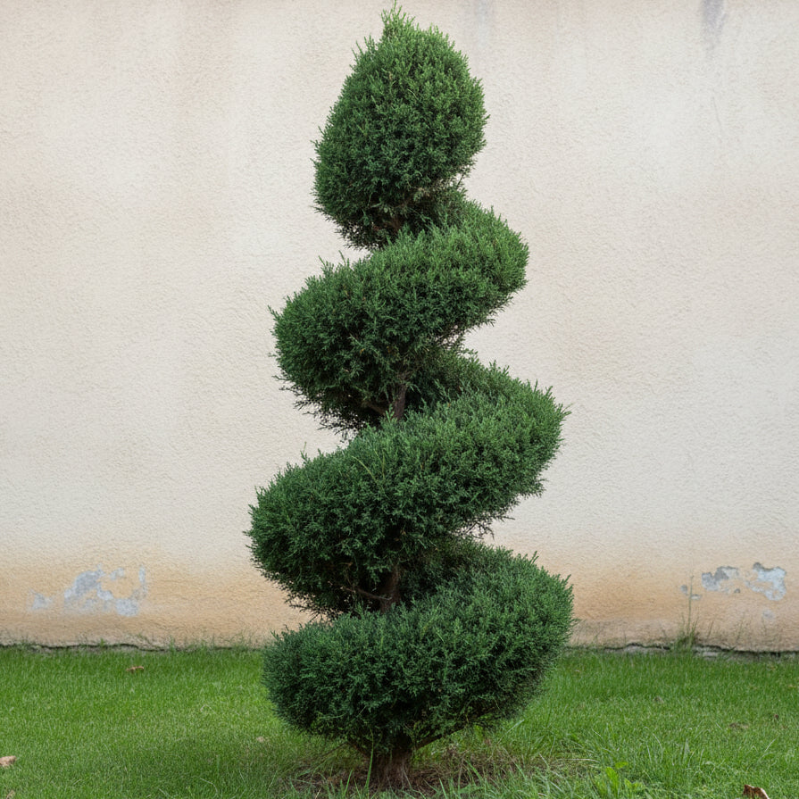 A tall, spiral-shaped green topiary tree planted in ground