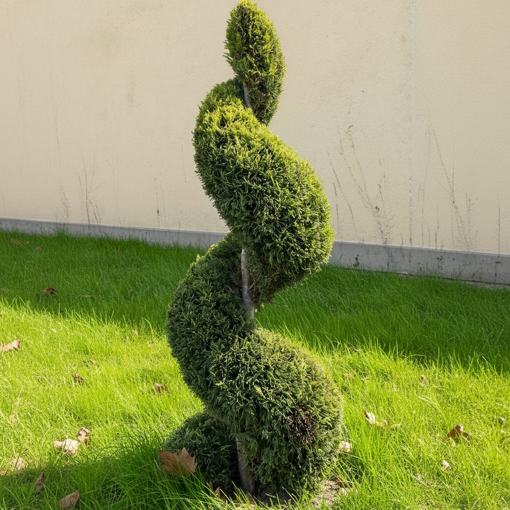 Mature Topiary Spiral Brodie Eastern Red Cedar Juniper planted in garden.