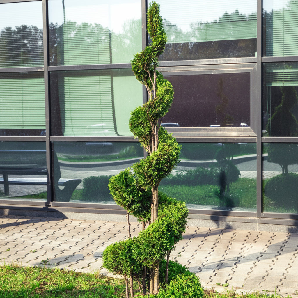 A tall, spiral-shaped green topiary tree planted in front of a modern glass building with large windows and a paved walkway.