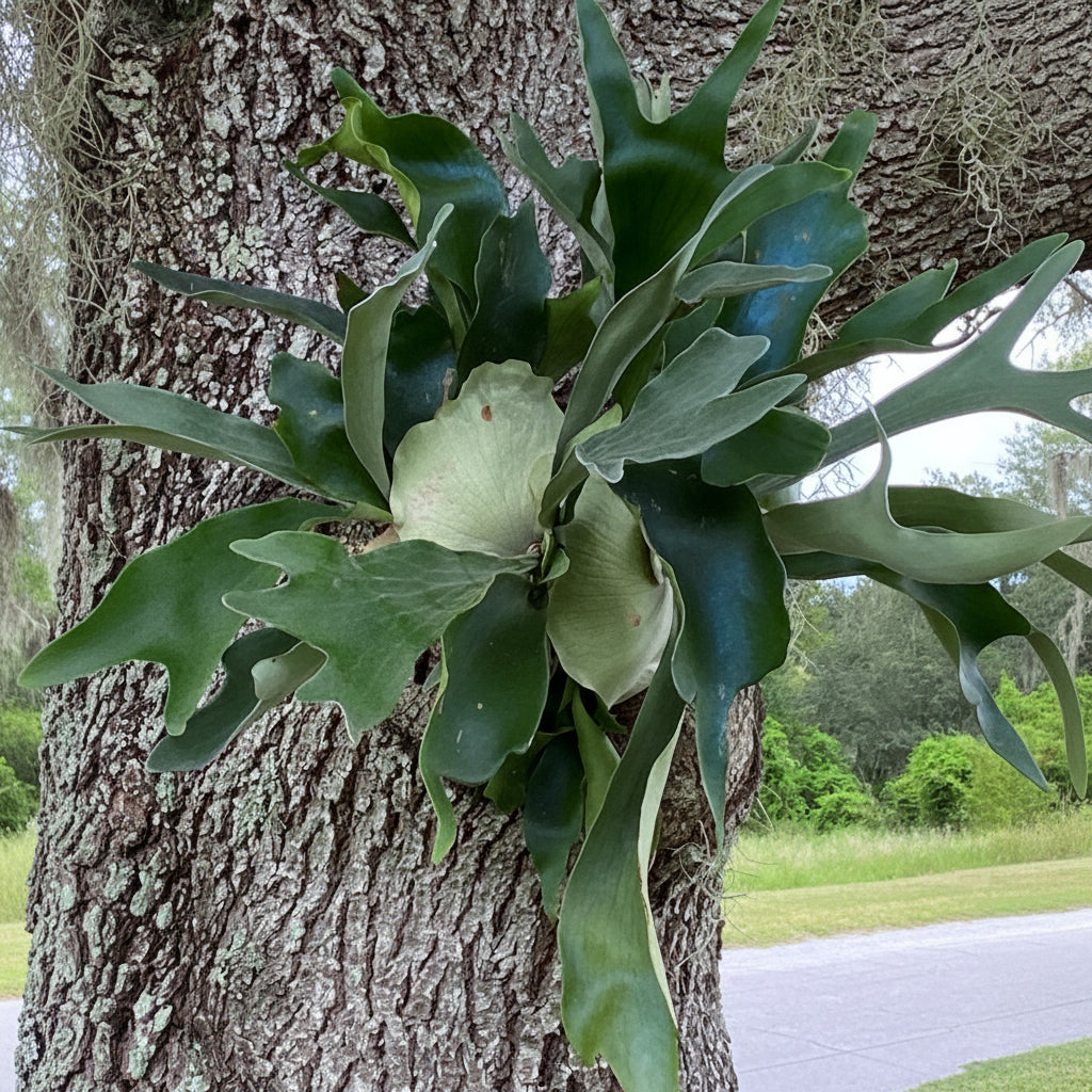 A Staghorn Fern growing on the side of a large, rough-barked tree trunk