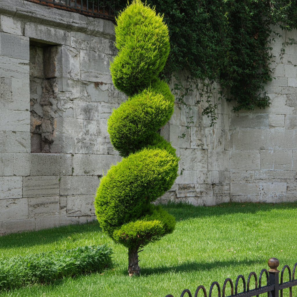 mature in landscape Twisted topiary tree against a stone wall