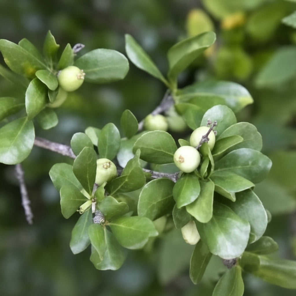 A mature White Indigo Berry (Randia aculeata) shrub featuring dense, bright green foliage
