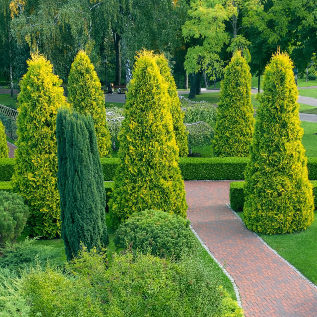 berckmans golden topiary cone in a garden setting