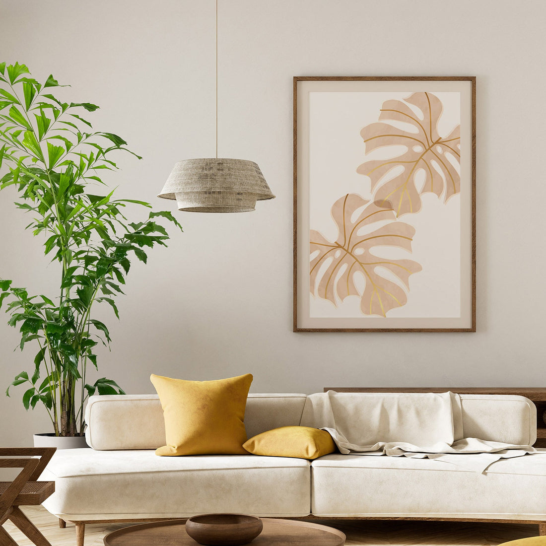 Fish Tail Palm displayed in a modern living room beside a cream-colored sofa, featuring lush green tropical foliage and multiple upright stems in a decorative indoor setting