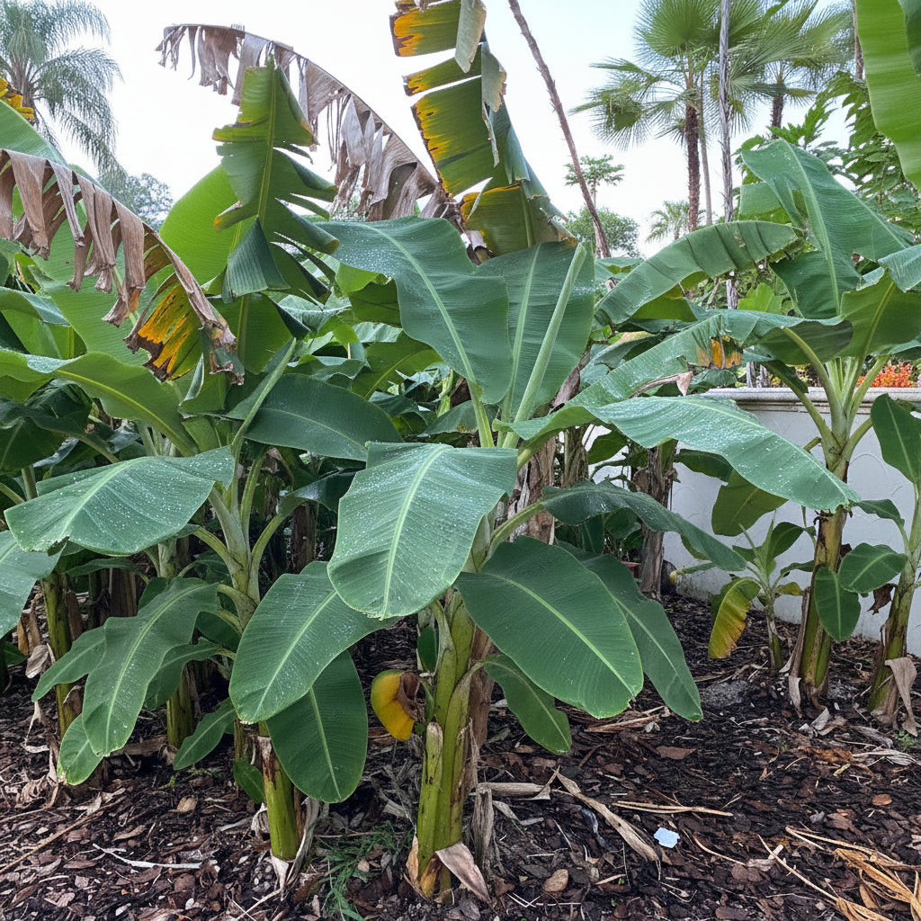 A lush Ice Cream Banana Tree showcasing its large, tropical green leaves and thick trunk growing outdoors in a sunny landscape.