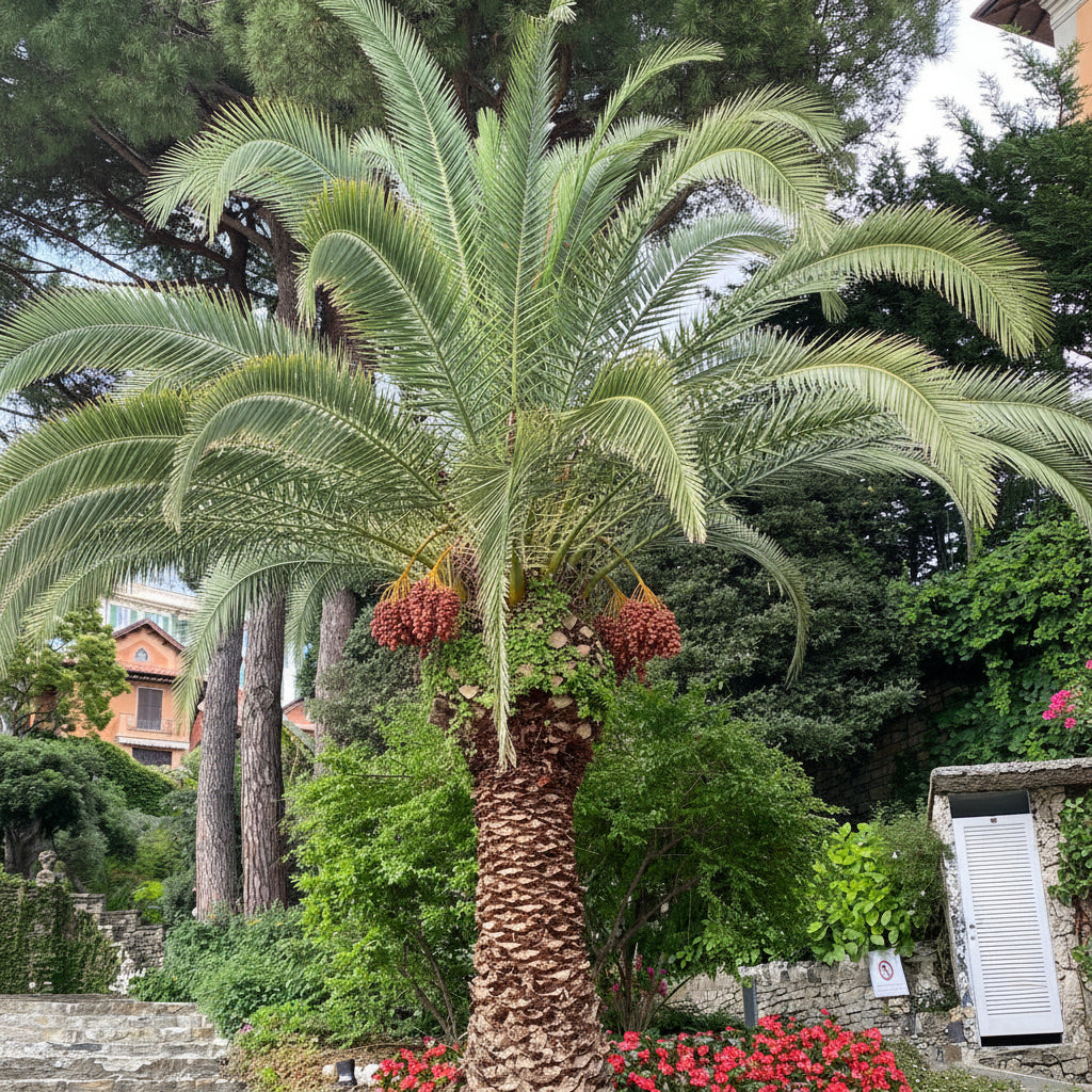 Full grown Canary Island Date Palm, Phoenix Canariensis, Pineapple Palm in front of a garden