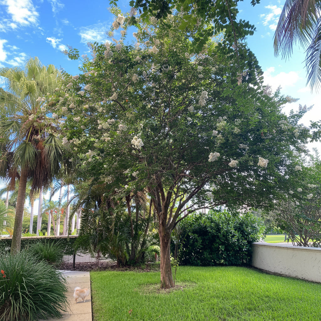 A large, mature Natchez Crape Myrtle tree featuring multiple trunks and a wide canopy completely covered in bright white bloom