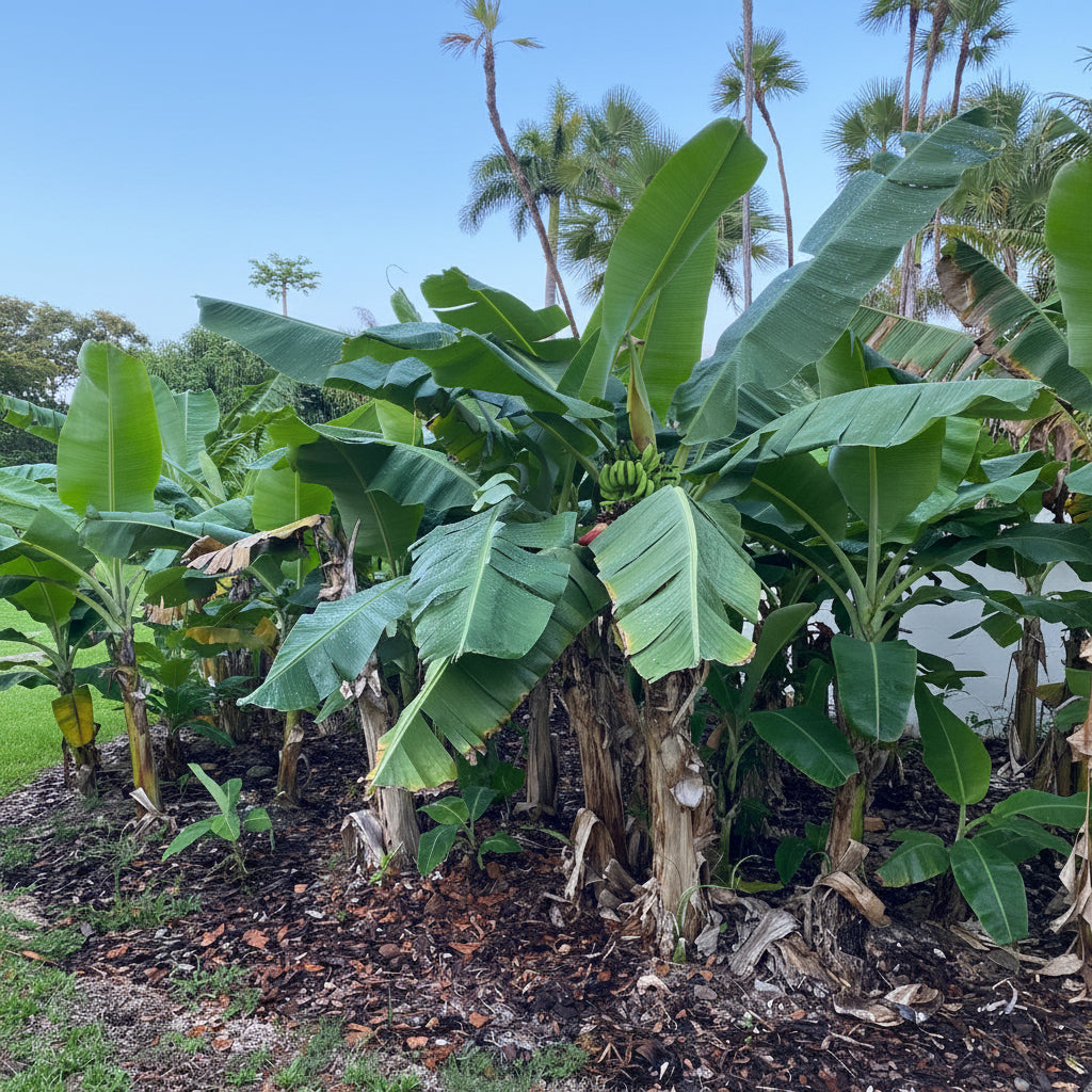 A lush Ice Cream Banana Tree showcasing its large, tropical green leaves and thick trunk growing outdoors in a sunny landscape.