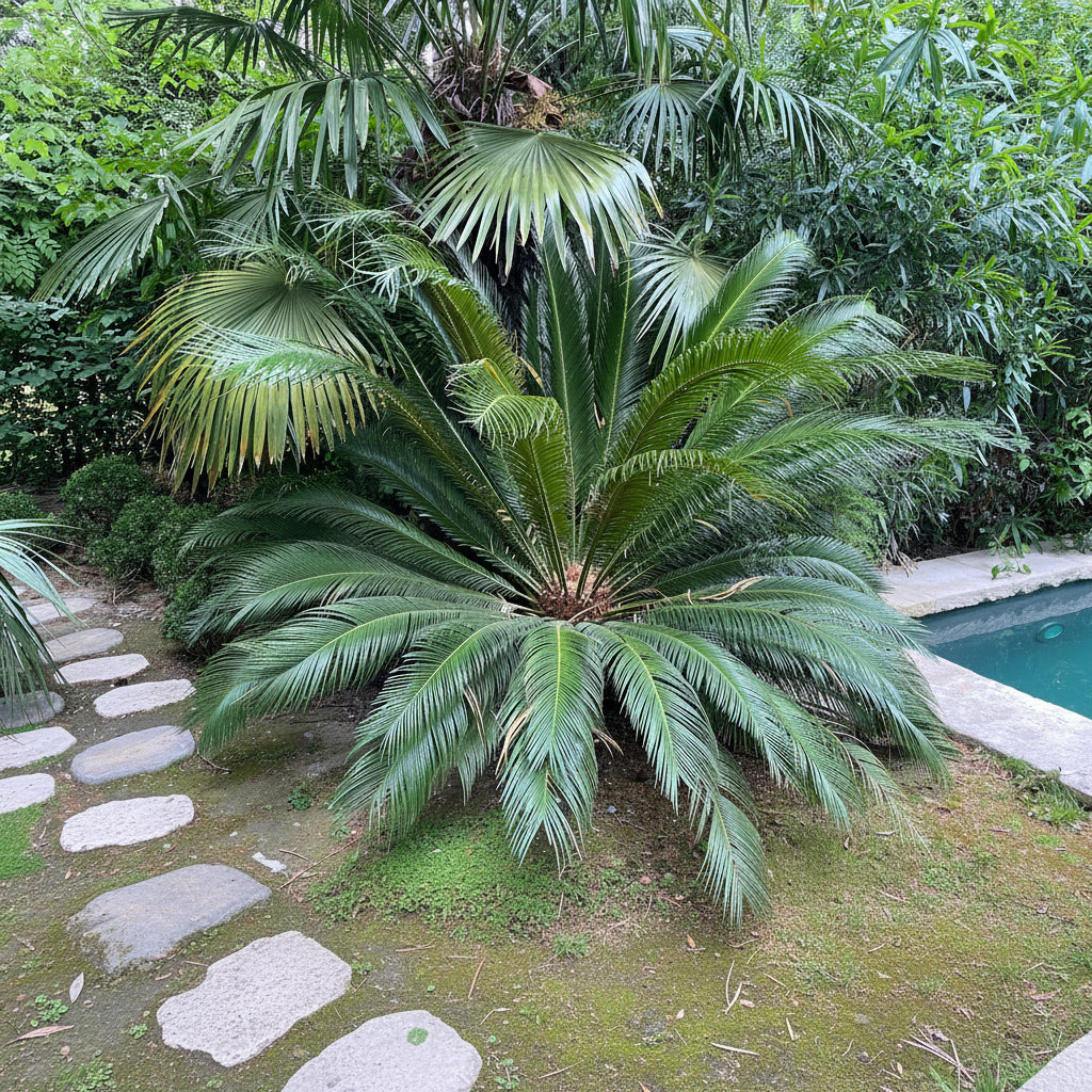 Mature Dioon Edule Mexican Fern Palm with large feathery arching green fronds beside a stone walkway and pool, showing full grown landscape appearance ideal for formal landscape vertical accents and tropical poolside gardens.