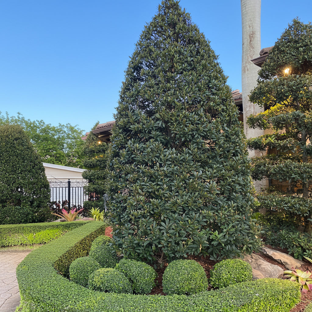 Mature Topiary Eugenia Cone, Pyramid Tree planted in garden