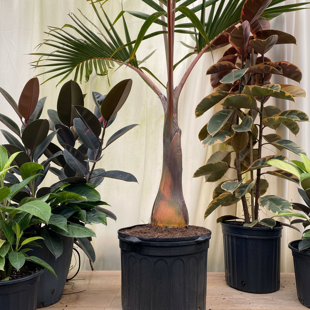 Bottle Palm, Hyophorbe lagenicaulis in a 5 gallon black grower pot alongside other tropical houseplants, featuring its distinctive swollen trunk and arching feather-shaped green fronds, ideal for creating a striking tropical focal point in your indoor space or garden.